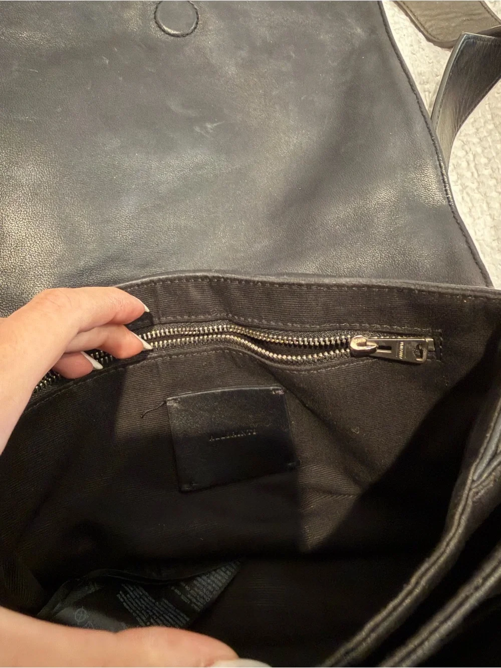 AllSaints Black Leather Flap Crossbody Bag | Wide Adjustable Strap - Picture 5 of 6